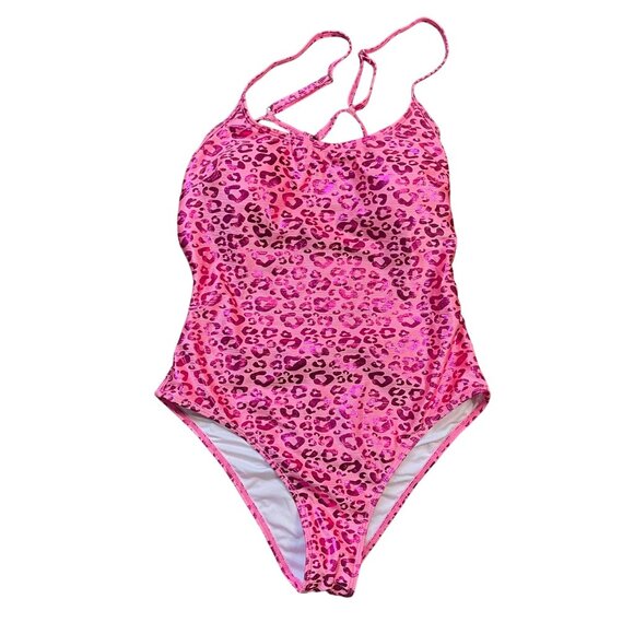 Cupshe Pink Leopard Print One Piece Swimsuit Womens Size Large Shiny Strappy NEW - Picture 1 of 11